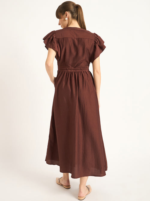 Brown Flutter Sleeves Maxi Dress