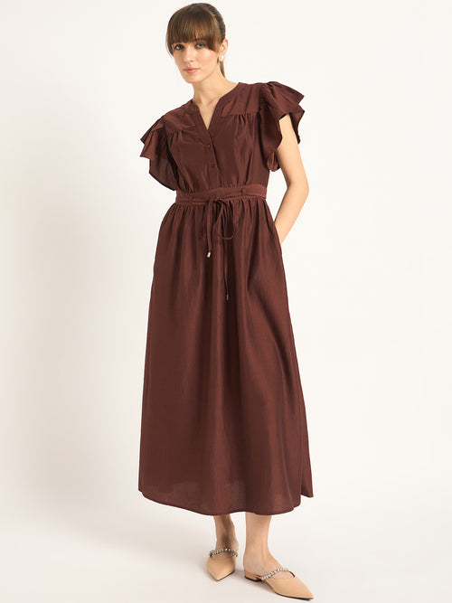 Brown Flutter Sleeves Maxi Dress