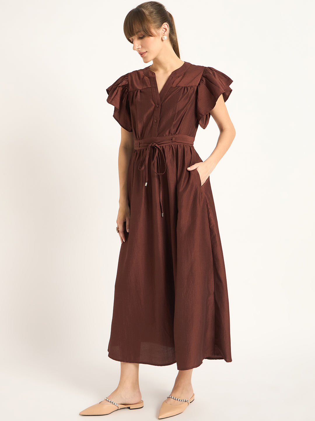 Brown Flutter Sleeves Maxi Dress