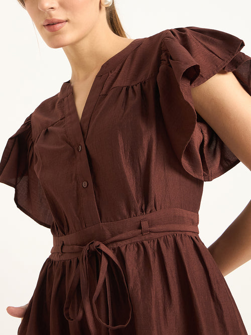 Brown Flutter Sleeves Maxi Dress