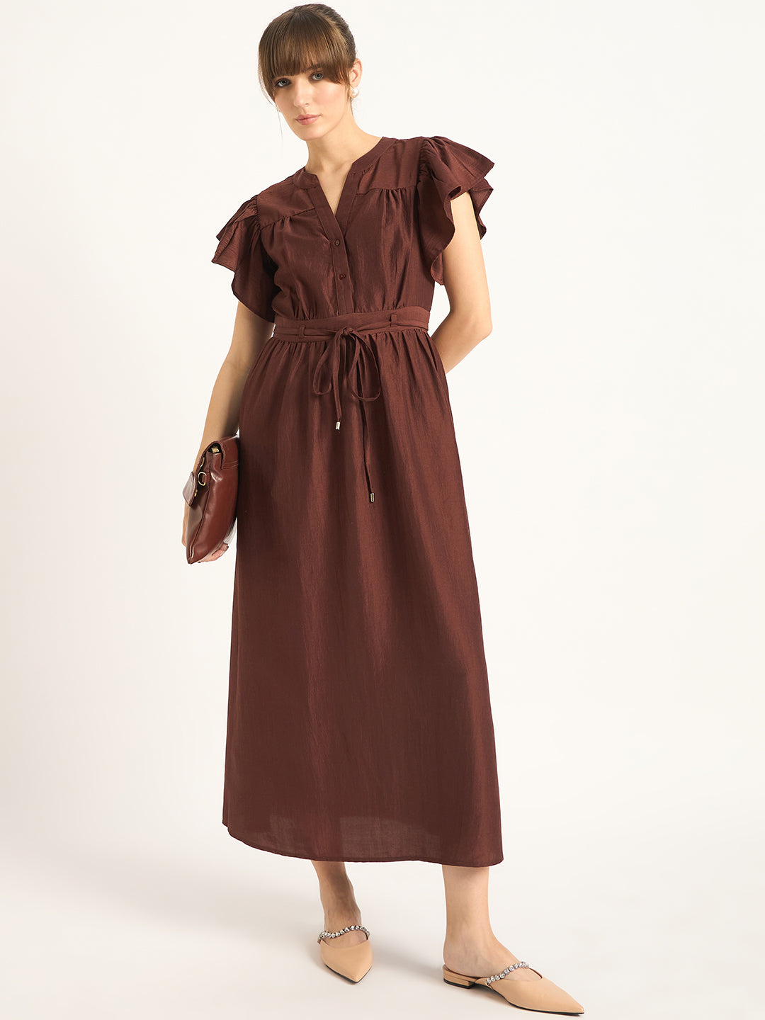 Brown Flutter Sleeves Maxi Dress