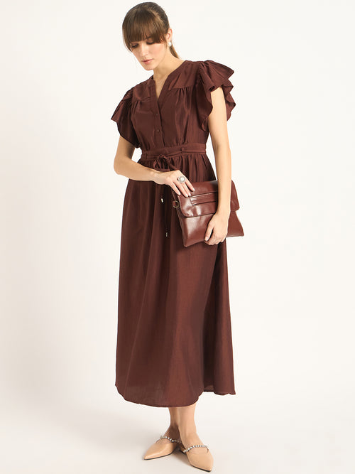 Brown Flutter Sleeves Maxi Dress