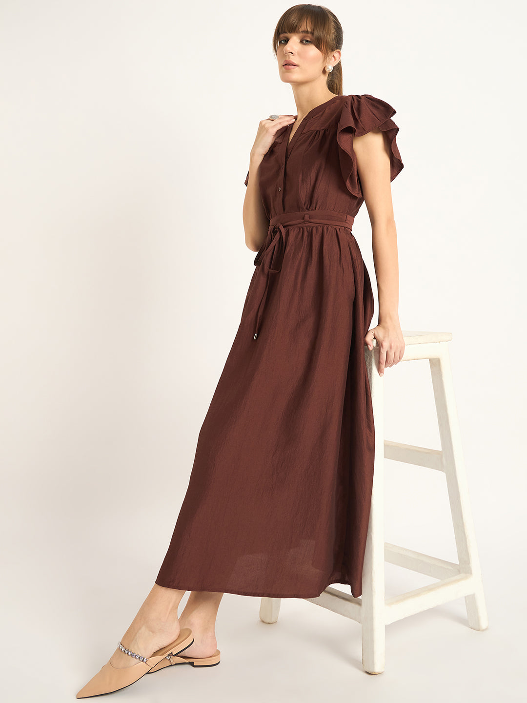 Brown Flutter Sleeves Maxi Dress
