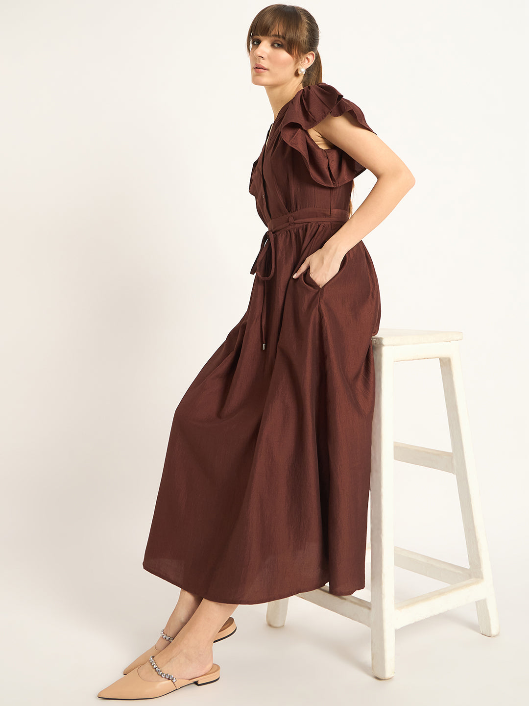 Brown Flutter Sleeves Maxi Dress