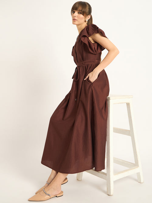 Brown Flutter Sleeves Maxi Dress