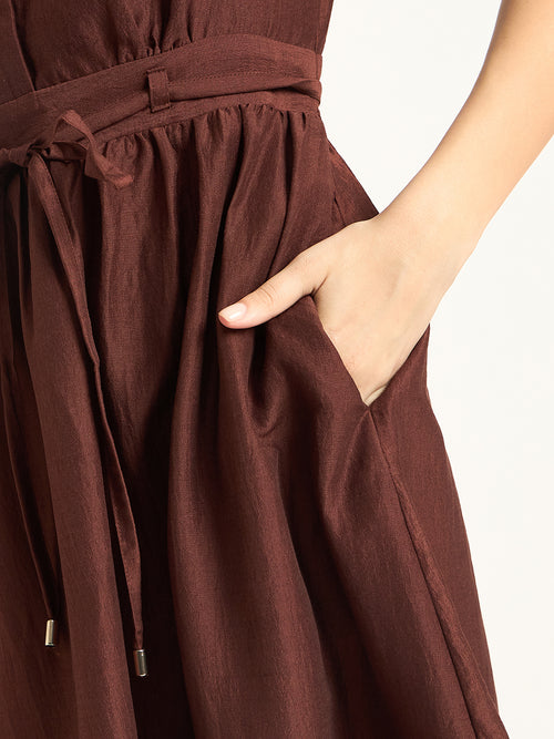 Brown Flutter Sleeves Maxi Dress