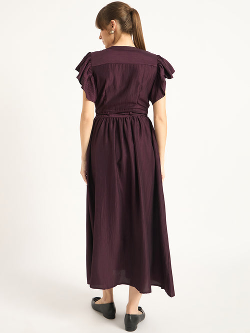 Wine Flutter Sleeves Maxi Dress