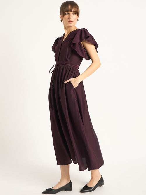 Wine Flutter Sleeves Maxi Dress