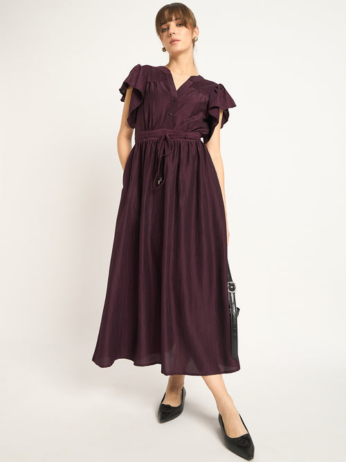 Wine Flutter Sleeves Maxi Dress