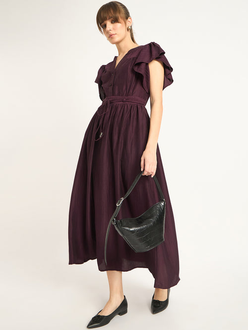 Wine Flutter Sleeves Maxi Dress