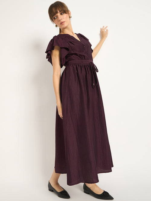 Wine Flutter Sleeves Maxi Dress