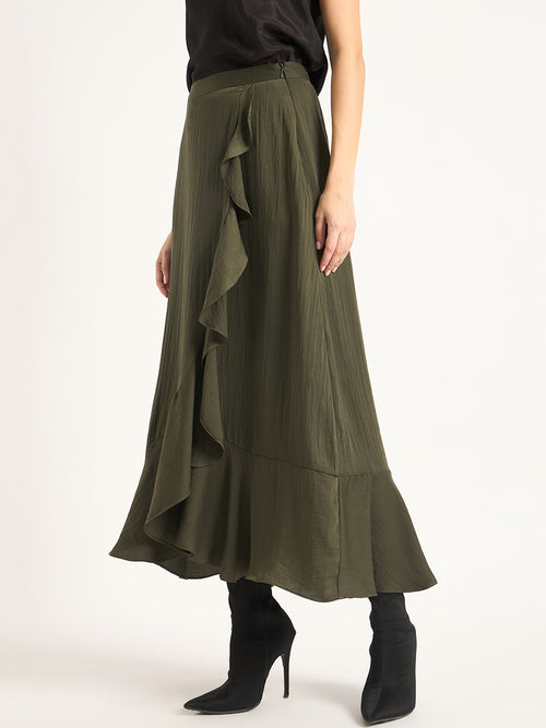 Olive Ruffle Satin Maxi Skirt