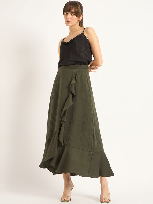 Olive Ruffle Satin Maxi Skirt