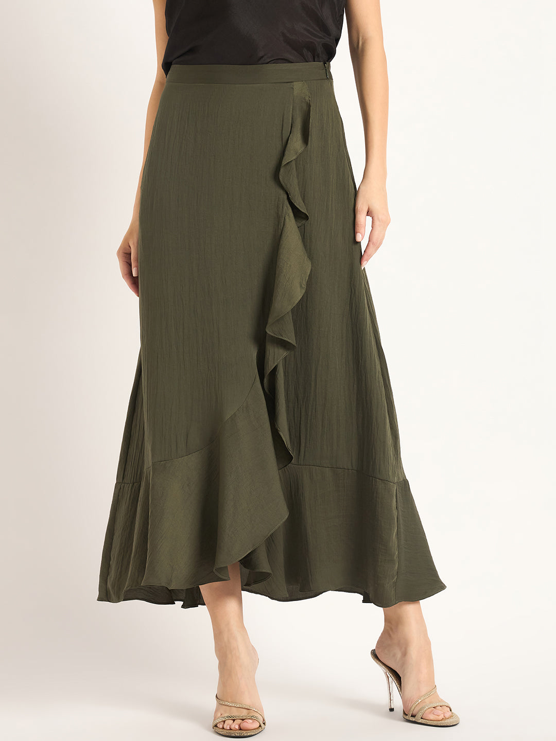 Olive Ruffle Satin Maxi Skirt