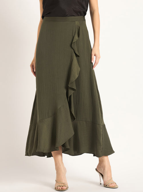 Olive Ruffle Satin Maxi Skirt