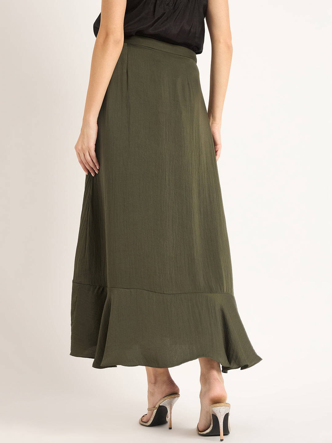 Olive Ruffle Satin Maxi Skirt