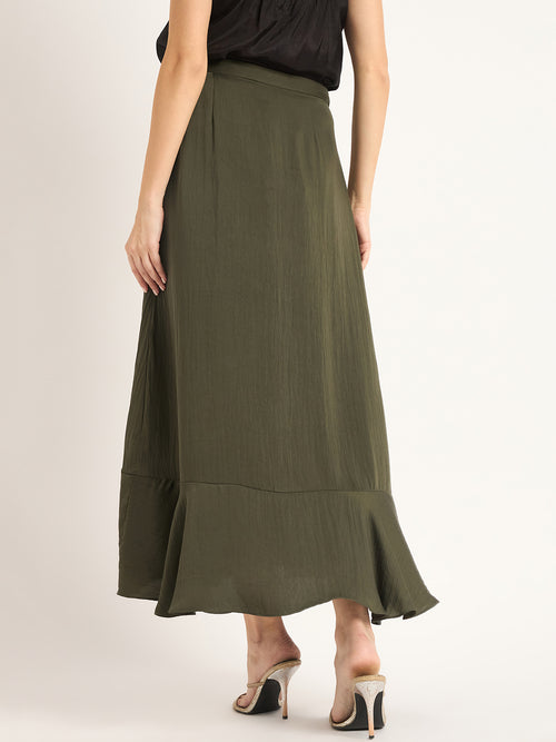 Olive Ruffle Satin Maxi Skirt