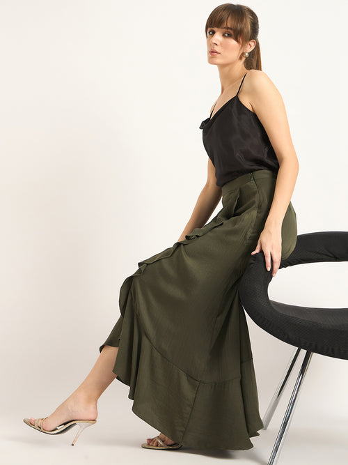 Olive Ruffle Satin Maxi Skirt