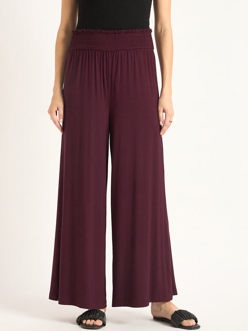 Bamboo Wine Knit Smocking Detail Wide-leg Pants