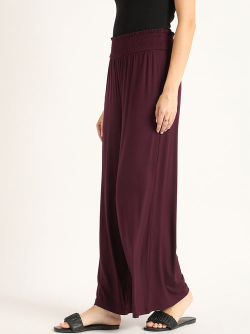 Bamboo Wine Knit Smocking Detail Wide-leg Pants
