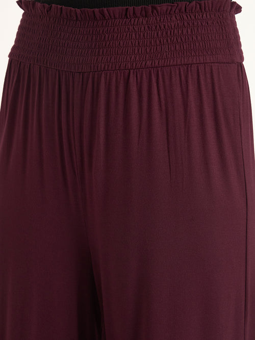 Bamboo Wine Knit Smocking Detail Wide-leg Pants