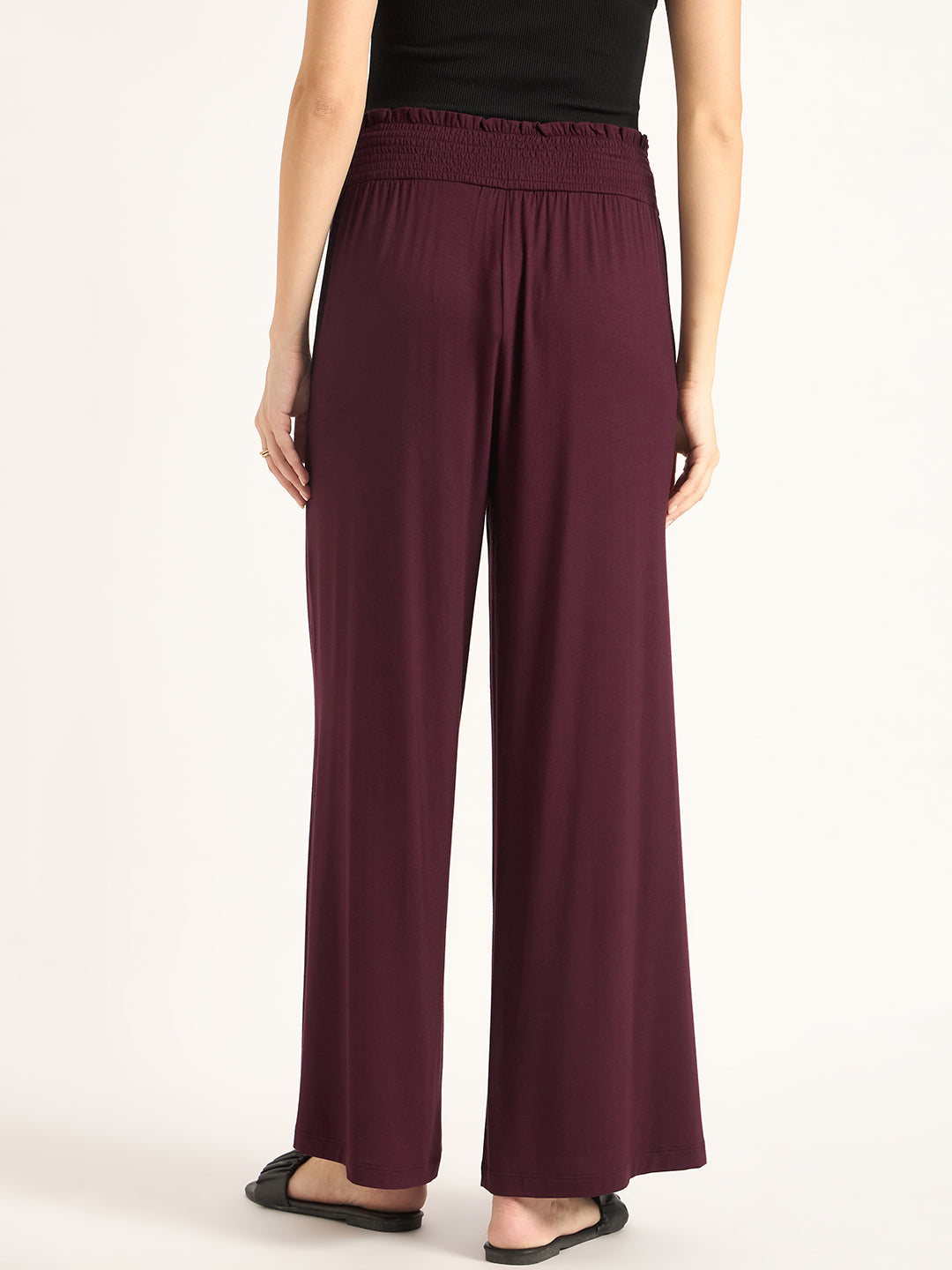 Bamboo Wine Knit Smocking Detail Wide-leg Pants