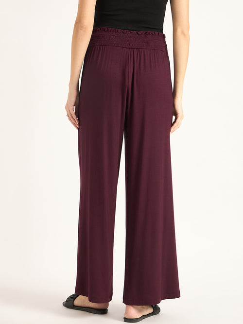 Bamboo Wine Knit Smocking Detail Wide-leg Pants