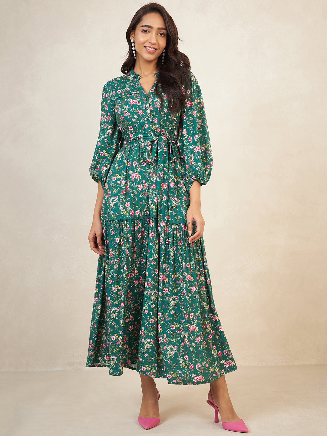 Green Floral Print With Scallop Trim Maxi Dress
