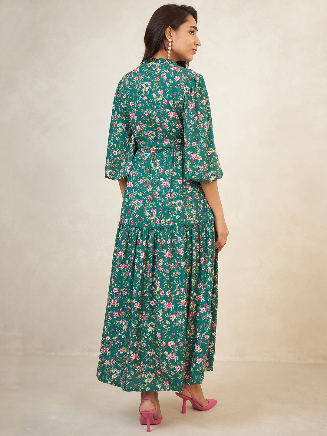 Green Floral Print With Scallop Trim Maxi Dress