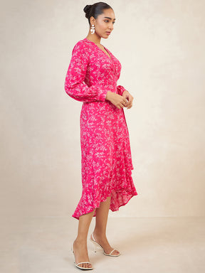 Pink Leaf Printed Midi Wrap Dress