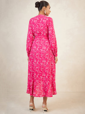 Pink Leaf Printed Midi Wrap Dress
