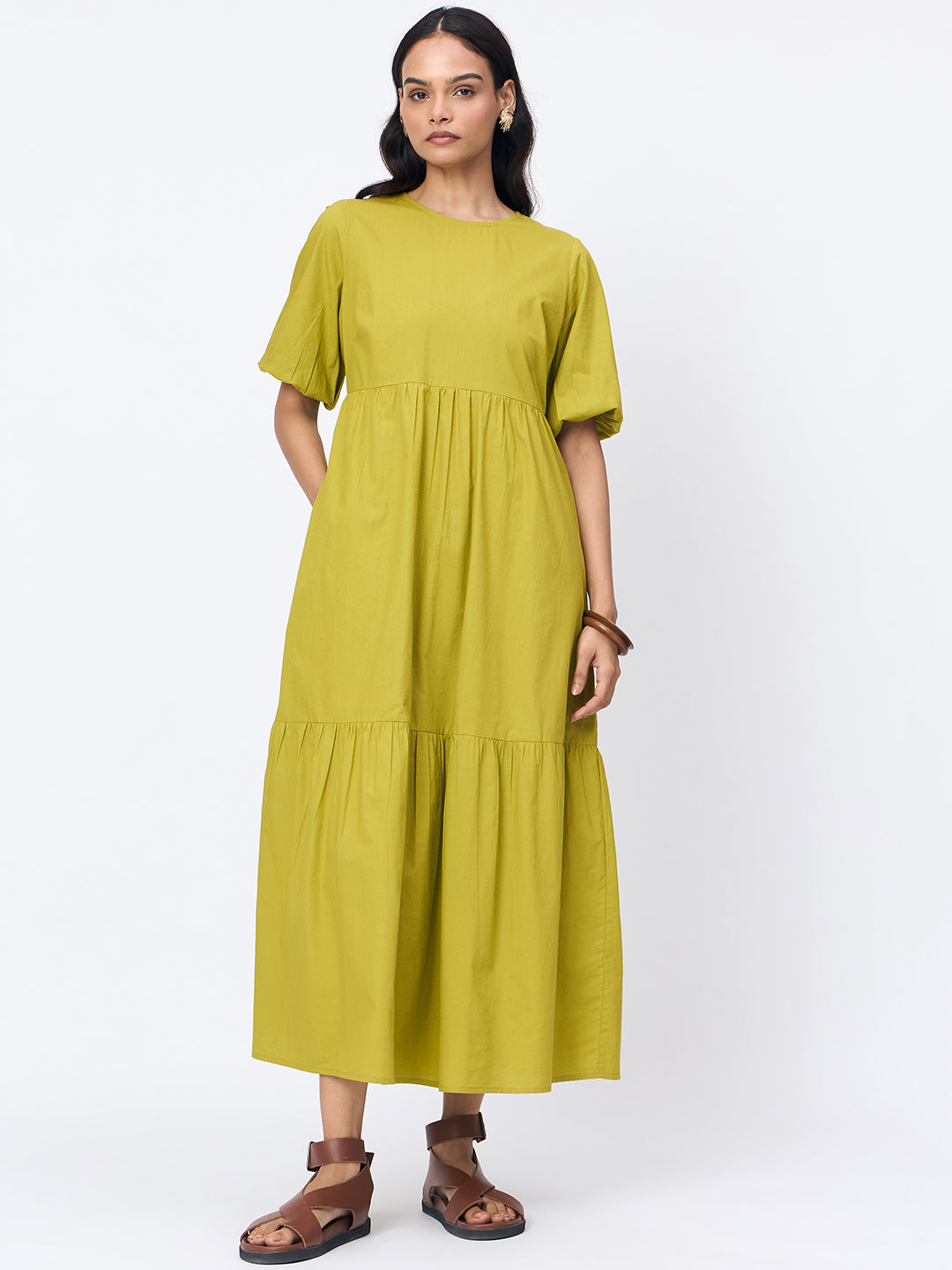Citrine Green Poplin Tiered Maxi Dress