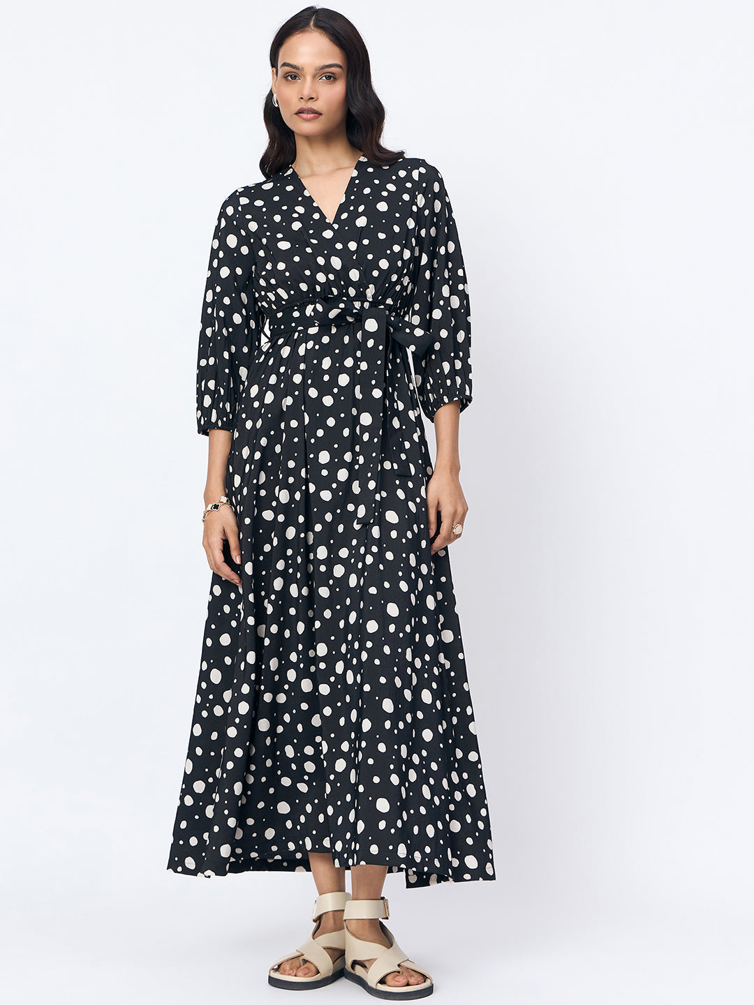 Black Polka Wrap Maxi Dress