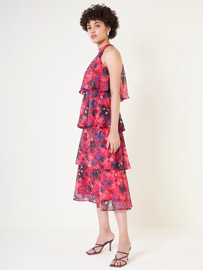 Red Bird Print Halter Neck Tiered Maxi Dress