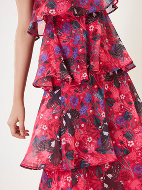 Red Bird Print Halter Neck Tiered Maxi Dress