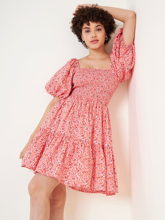 Pink Floral Cotton Smocked Mini Tiered Dress