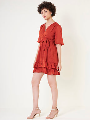 Rust Orange Dobby Wrap Mini Dress