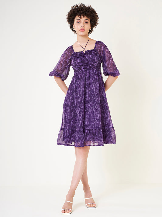Purple Leaf Print Halter Midi Dress