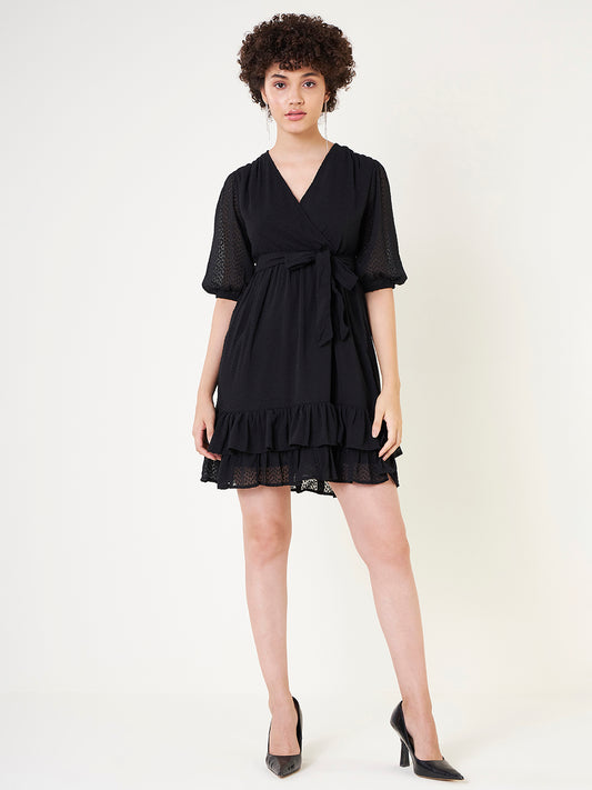 Black Dobby Wrap Mini Dress