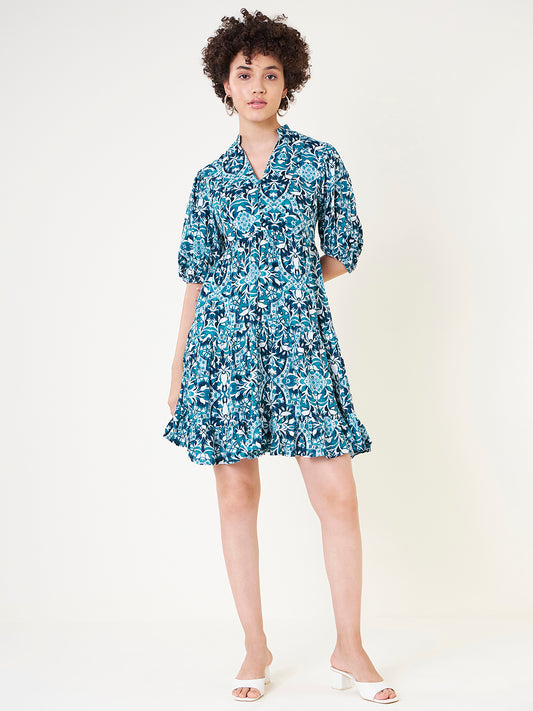 Blue Floral Tile Print Tiered Mini Dress