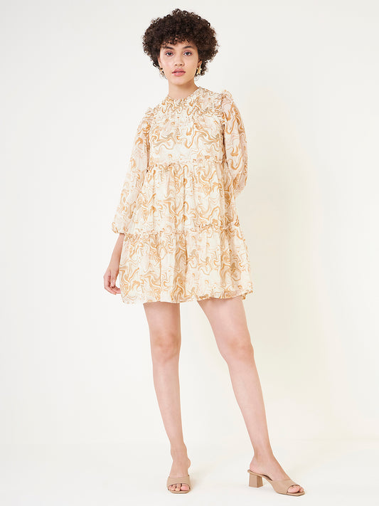 Mustard Marble Printed Smocked Tier Mini Dress