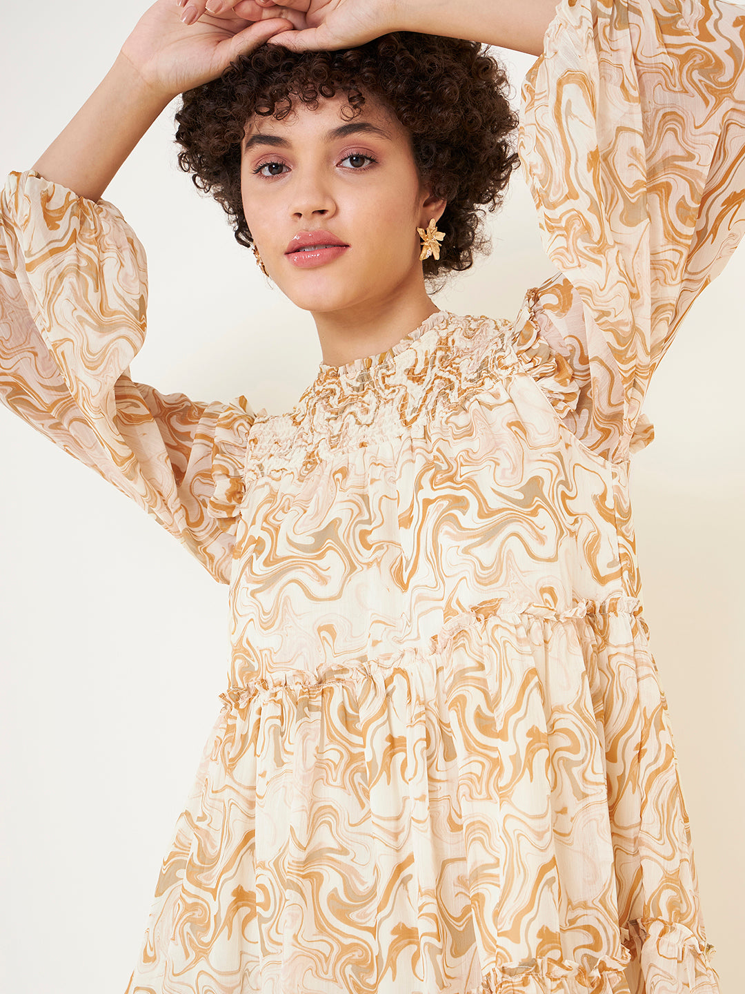 Mustard Marble Printed Smocked Tier Mini Dress