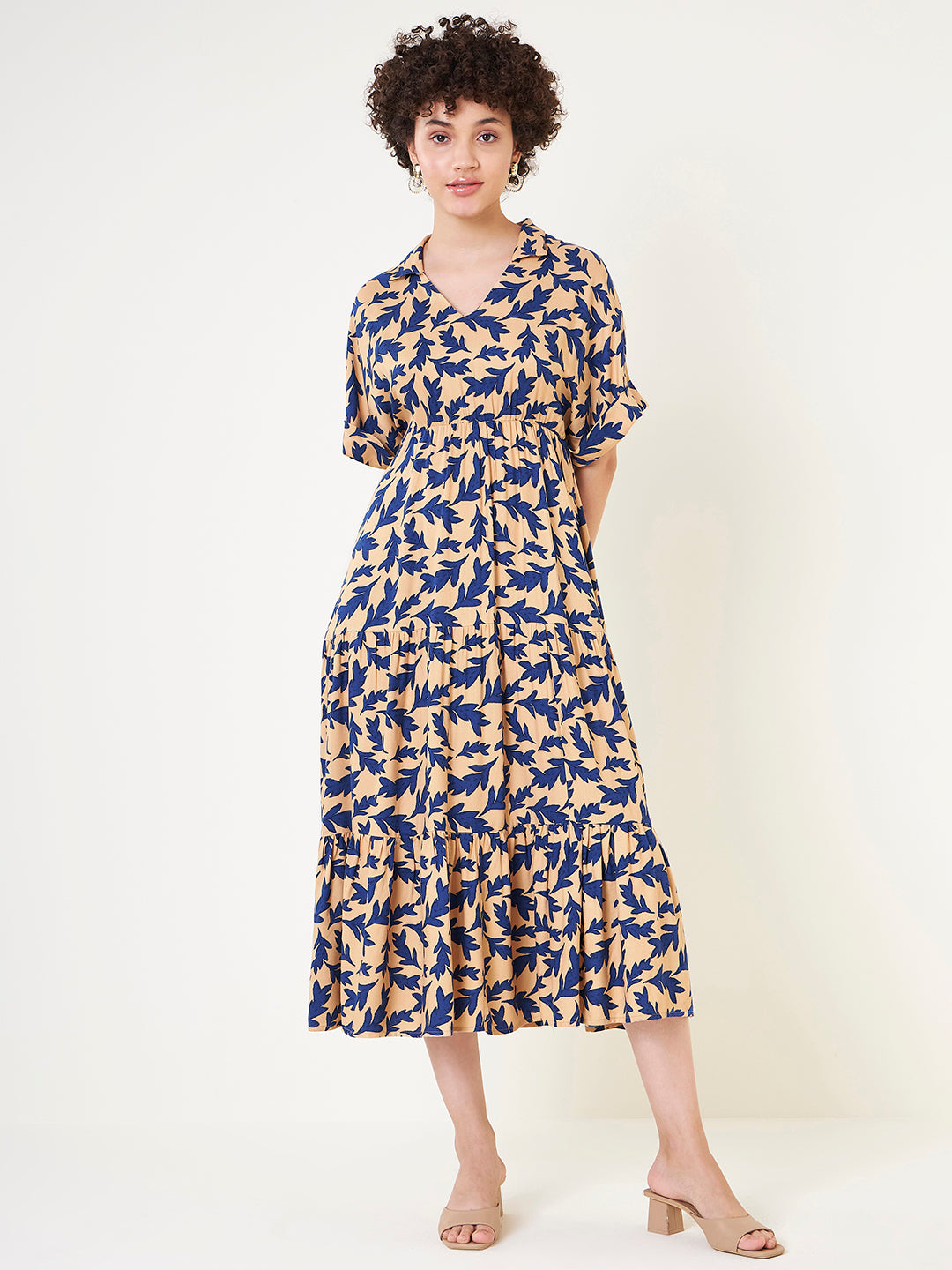 Beige And Blue Printed Tiered Maxi Dress