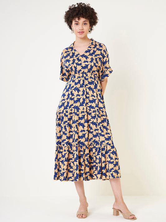 Beige And Blue Printed Tiered Maxi Dress