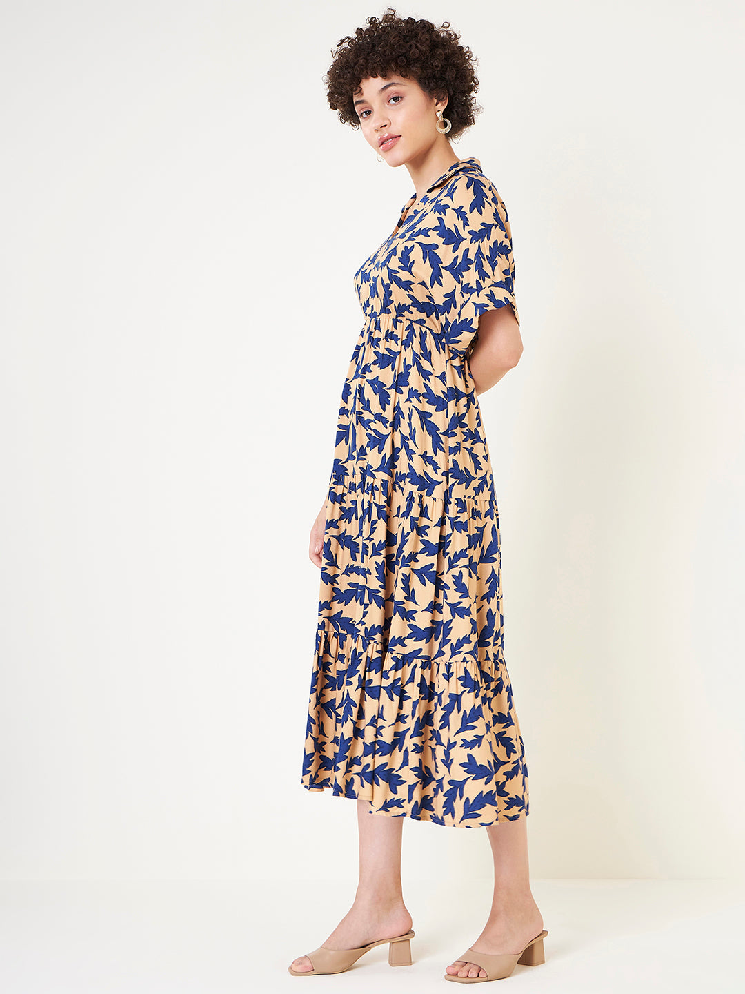 Beige And Blue Printed Tiered Maxi Dress