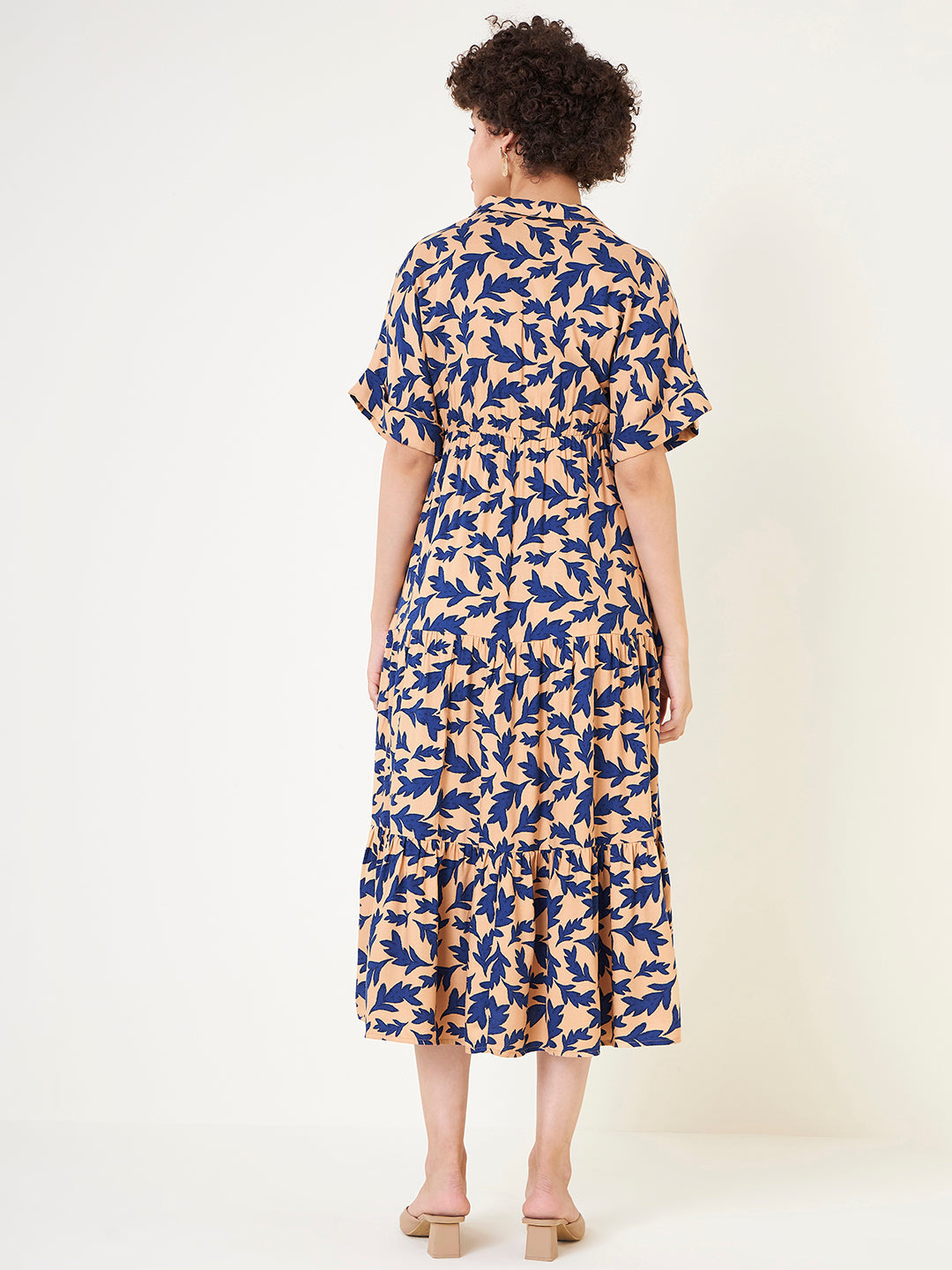 Beige And Blue Printed Tiered Maxi Dress