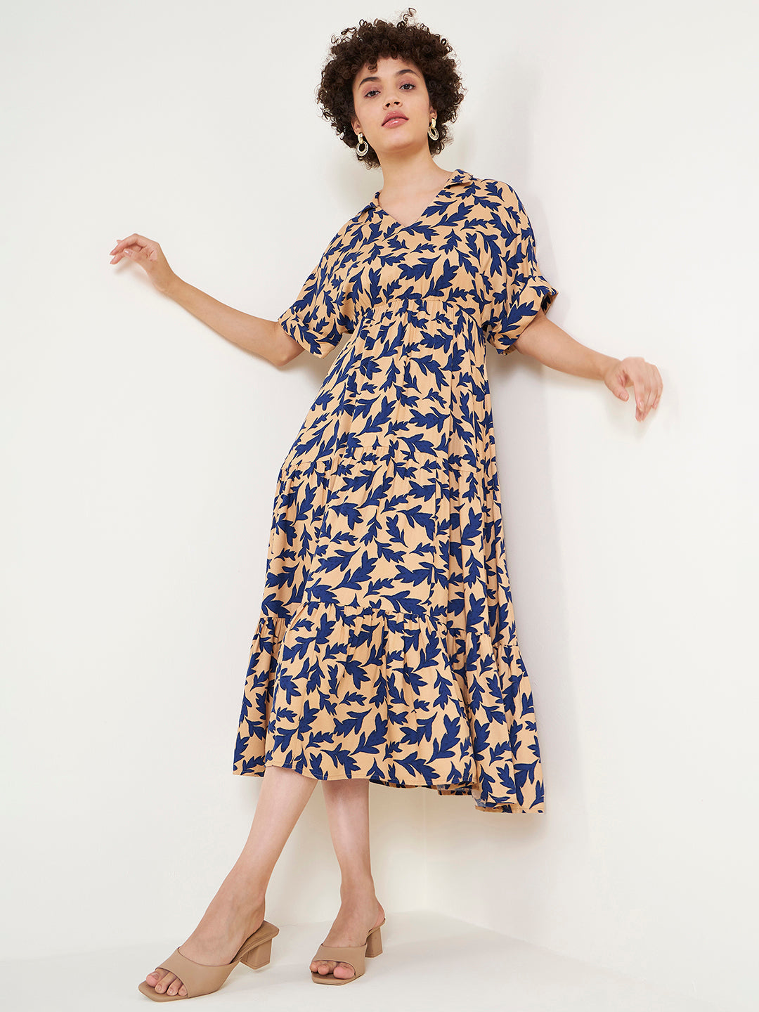 Beige And Blue Printed Tiered Maxi Dress