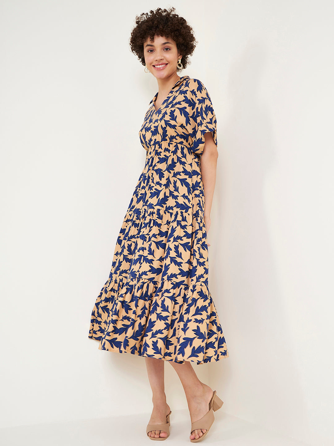 Beige And Blue Printed Tiered Maxi Dress
