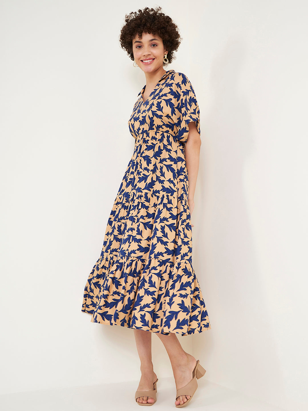 Beige And Blue Printed Tiered Maxi Dress