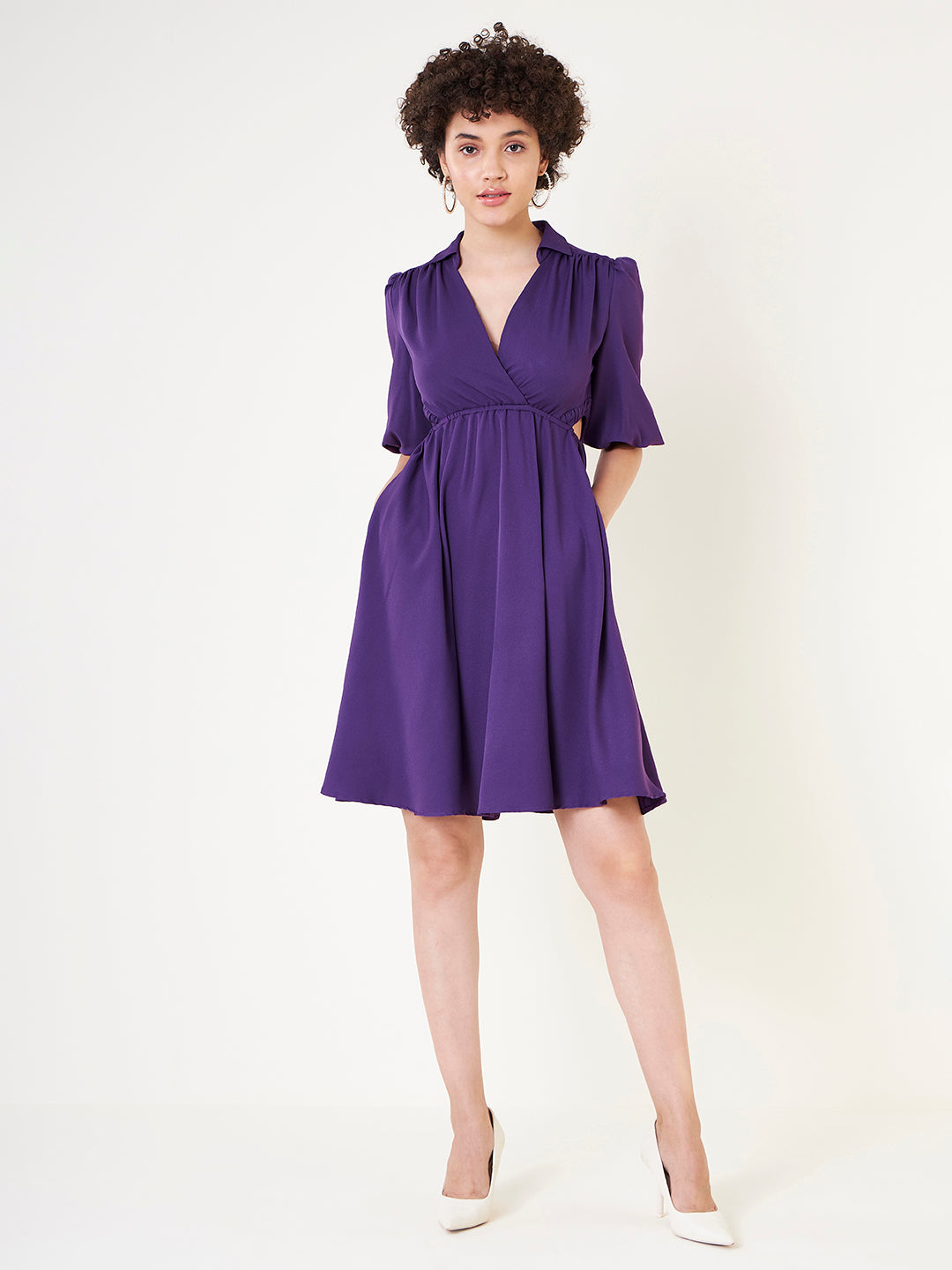 Purple Solid Cutout Midi Dress